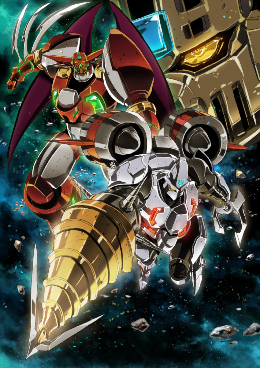 clenched_hands close-up drill flying garimpeiro getter_robo glowing glowing_eyes highres mecha no_humans shin_getter-1 shin_getter-2 shin_getter-3 shin_getter_robo space super_robot wings yellow_eyes