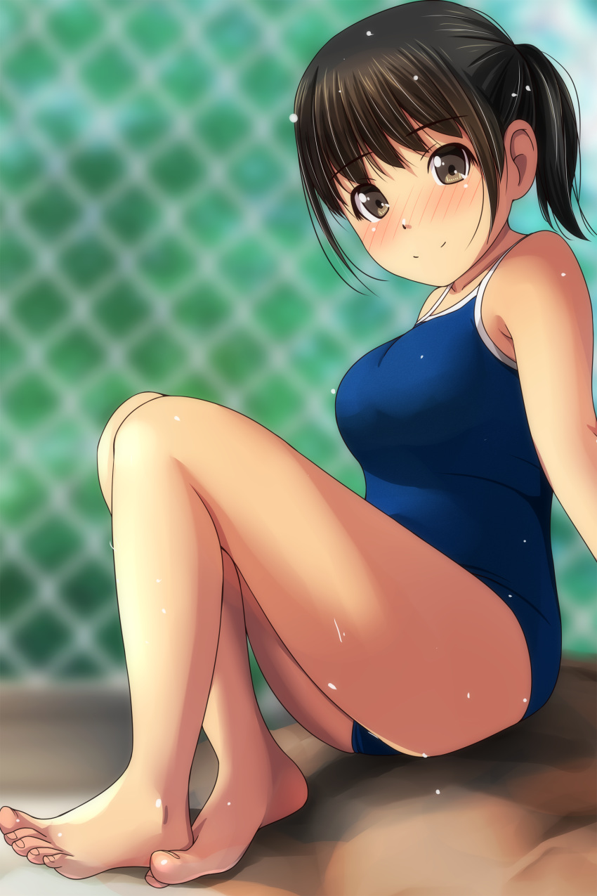 1girl absurdres bangs bare_legs bare_shoulders barefoot black_hair blue_swimsuit blurry blurry_background blush breasts brown_eyes chain-link_fence closed_mouth collarbone day depth_of_field eyebrows_visible_through_hair feet fence highres knees_up legs matsunaga_kouyou medium_breasts nose_blush one-piece_swimsuit original outdoors ponytail sitting smile solo swimsuit thighs