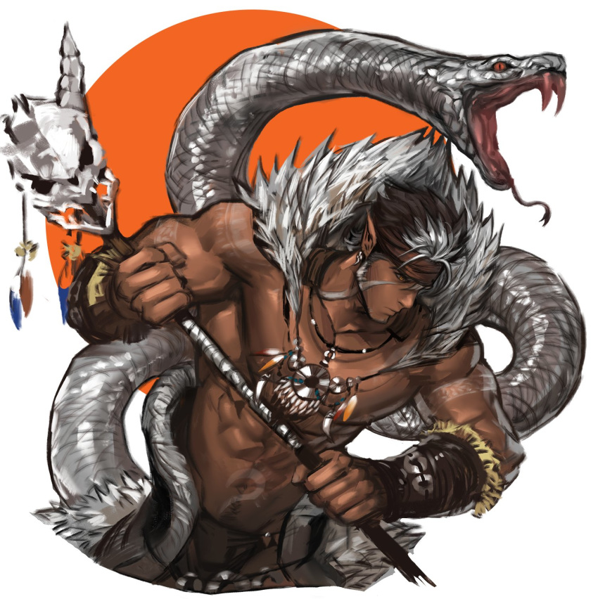 1boy abs bara beard body_hair brown_hair bulge chest chest_hair dark_skin dark_skinned_male facial_hair headband highres jang_ju_hyeon jewelry male_focus male_underwear manly muscle nipples pectorals pointy_ears shirtless simple_background snake solo spiky_hair tangaroa tattoo tokyo_houkago_summoners underwear upper_body white_hair yellow_eyes