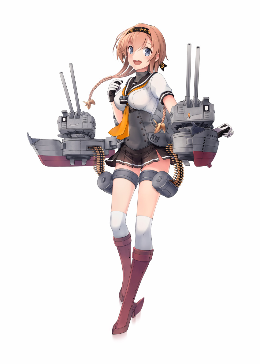 1girl :d absurdres anchor bangs black_headband black_sailor_collar black_skirt blue_eyes boots braid breasts brown_hair chou-10cm-hou-chan_(teruzuki's) clothes_writing eyebrows_visible_through_hair full_body gloves hachimaki hair_between_eyes headband headgear high_heel_boots high_heels highres kantai_collection long_hair looking_at_viewer machinery medium_breasts miniskirt multicolored multicolored_clothes multicolored_gloves neckerchief official_style open_mouth pleated_skirt ponytail rankebu revision rigging sailor_collar school_uniform serafuku short_sleeves simple_background skirt smile solo teruzuki_(kantai_collection) thigh-highs thigh_strap turret twin_braids white_background white_legwear yellow_neckwear