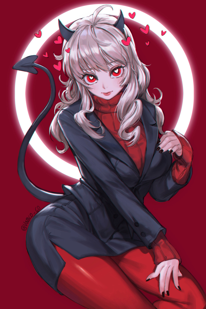 1girl absurdres ahoge artist_name bangs black_horns black_nails black_suit blush breasts commentary demon_girl demon_horns demon_tail grey_hair hand_on_own_chest hand_on_own_leg heart heart-shaped_pupils helltaker highres horns large_breasts layered_sleeves long_hair long_sleeves looking_at_viewer modeus_(helltaker) pantyhose red_background red_eyes red_legwear red_sweater ribbed_sweater sleeves_past_wrists solo sweater symbol-shaped_pupils tail tail_raised turtleneck vamco