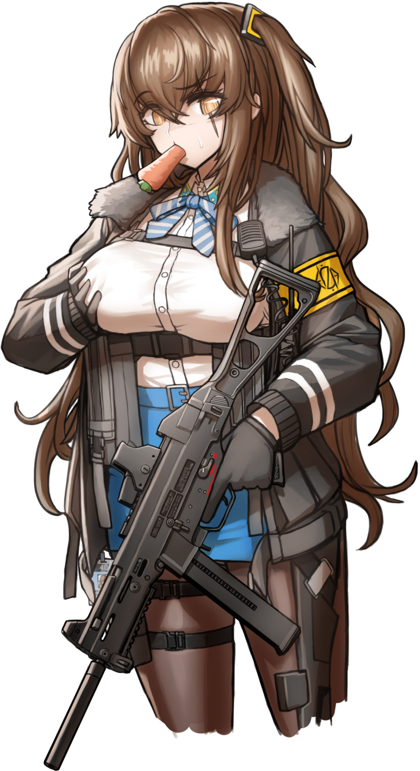 1girl alternate_breast_size alternate_costume blush breast_grab breasts brown_hair carrot cheogtanbyeong cosplay food_in_mouth girls_frontline gloves grabbing h&amp;k_ump45 highres jacket large_breasts long_hair orange_eyes pantyhose scar scar_across_eye side_ponytail sidelocks skindentation solo sweatdrop thigh_strap ump45_(girls_frontline) very_long_hair vsk-94_(girls_frontline) vsk-94_(girls_frontline)_(cosplay)