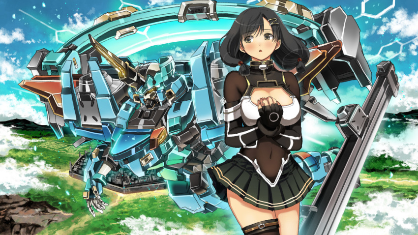 1girl bangs black_gloves black_hair breasts cleavage_cutout covered_navel eyebrows_visible_through_hair fingerless_gloves floating_hair flying garimpeiro gloves glowing glowing_eyes hands_on_own_chest hands_together highres horns large_breasts looking_to_the_side mecha medium_hair open_hand original single_horn single_thighhigh thigh-highs yellow_eyes
