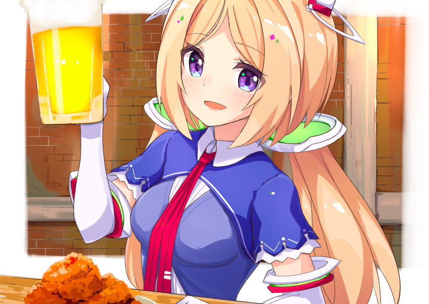 1girl :d aki_rosenthal alcohol ame. bangs beer beer_mug blonde_hair blue_vest blush breasts brick_wall collared_dress commentary_request cup dress elbow_gloves eyebrows_visible_through_hair food gloves hand_up headgear highres holding holding_cup hololive long_hair looking_at_viewer low_twintails medium_breasts mug open_mouth parted_bangs red_neckwear short_sleeves shrug_(clothing) smile solo table twintails upper_body very_long_hair vest violet_eyes virtual_youtuber white_dress white_gloves