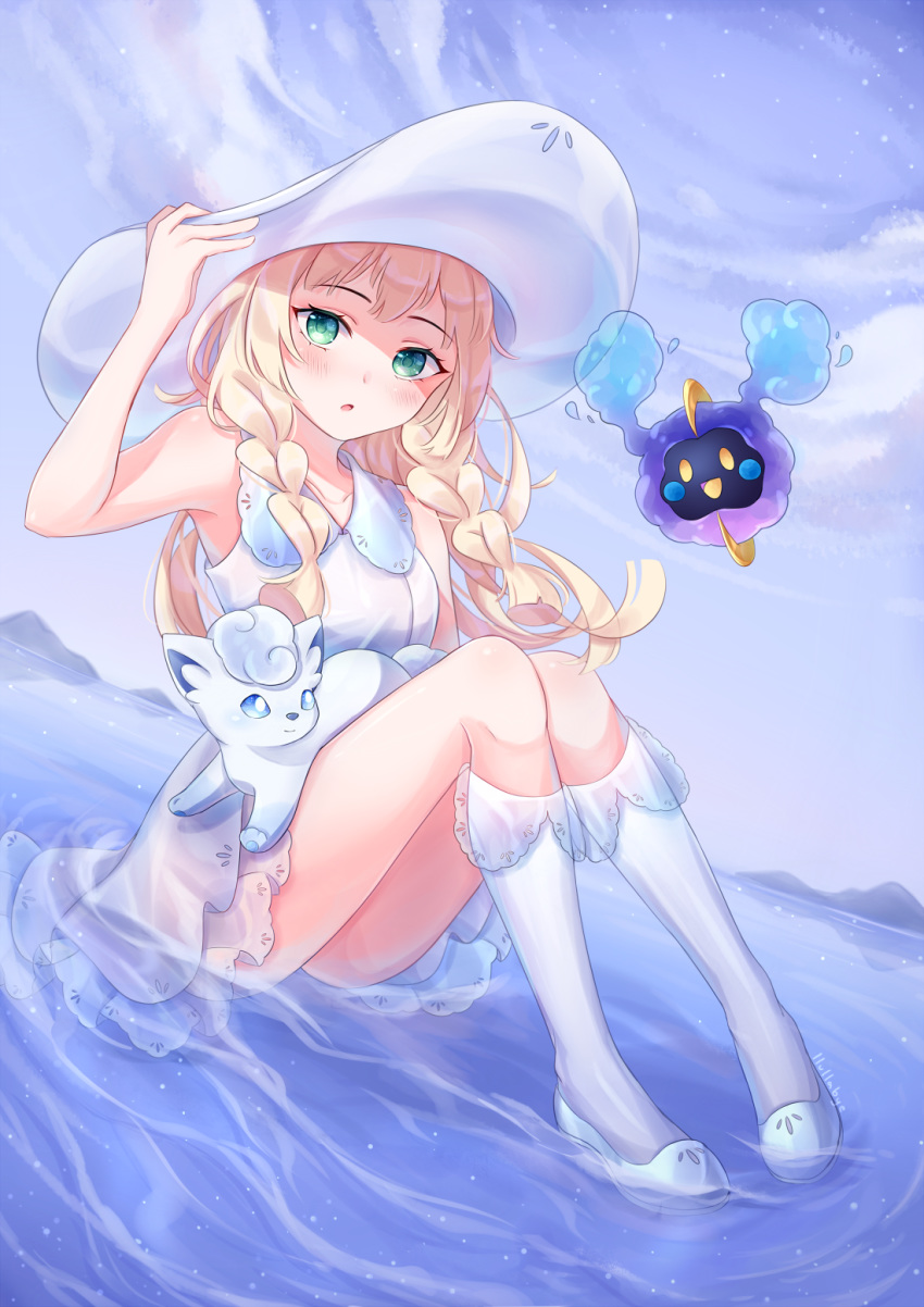 1girl :o alolan_form alolan_vulpix artist_name ass bangs bare_arms bare_shoulders blonde_hair blue_sky blush boots braid breasts clouds cloudy_sky collarbone cosmog day dress gen_7_pokemon green_eyes hand_on_headwear hat highres kneehighs lacieon legendary_pokemon lillie_(pokemon) long_hair looking_at_viewer on_lap open_mouth pokemon pokemon_(creature) pokemon_(game) pokemon_on_lap pokemon_sm shoes sitting sky sleeveless sleeveless_dress small_breasts sun_hat twin_braids wading water white_dress white_footwear white_headwear white_legwear