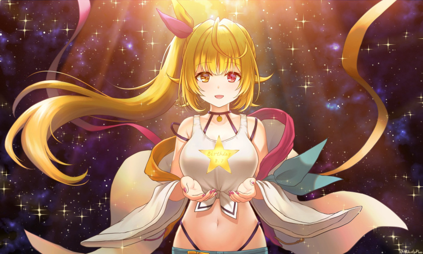 1girl bare_shoulders blonde_hair breasts choker crop_top floating_hair front-tie_top hair_ribbon heterochromia highleg highres hoshikawa_sara jacket large_breasts light_rays long_hair looking_at_viewer midriff mikotoplus navel nijisanji off_shoulder open_clothes open_jacket open_mouth red_eyes ribbon shirt side_ponytail sleeveless sleeveless_shirt smile solo sparkle stomach upper_body virtual_youtuber white_jacket white_shirt yellow_eyes