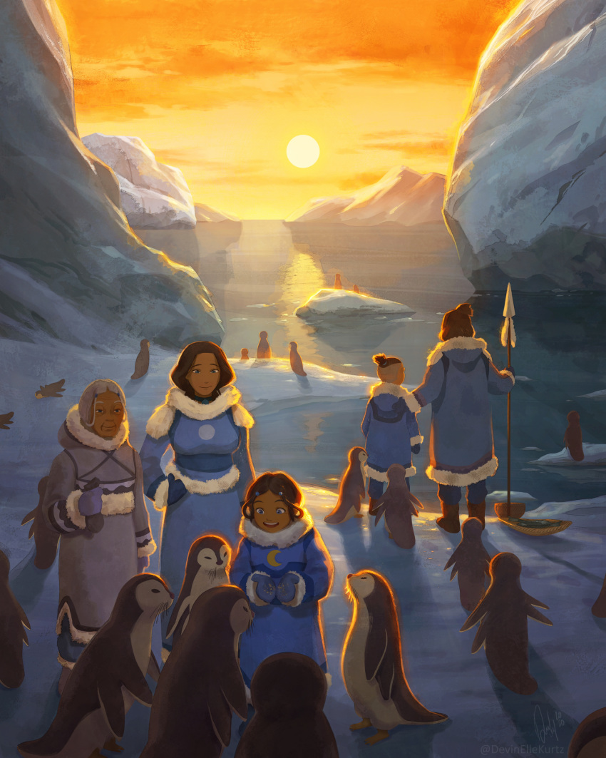 2boys 3girls animal avatar:_the_last_airbender avatar_(series) bird brown_hair dark_skin dark_skinned_male devin_elle_kurtz feeding hakoda highres katara mother_and_daughter multiple_boys multiple_girls ocean penguin polearm seed smile sokka spear sun sunset water weapon younger