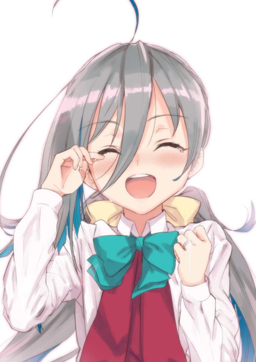 1girl :d ahoge blush bow bowtie closed_eyes collared_shirt colored_inner_hair eyebrows_visible_through_hair facing_viewer green_neckwear grey_hair hair_between_eyes hair_bow hand_up happy happy_tears highres jewelry kantai_collection kawakami_rokkaku kiyoshimo_(kantai_collection) long_hair long_sleeves low-tied_long_hair multicolored_hair open_mouth ring shirt simple_background smile solo streaked_hair tears upper_body very_long_hair wedding_band white_background white_shirt wing_collar wiping_tears yellow_bow