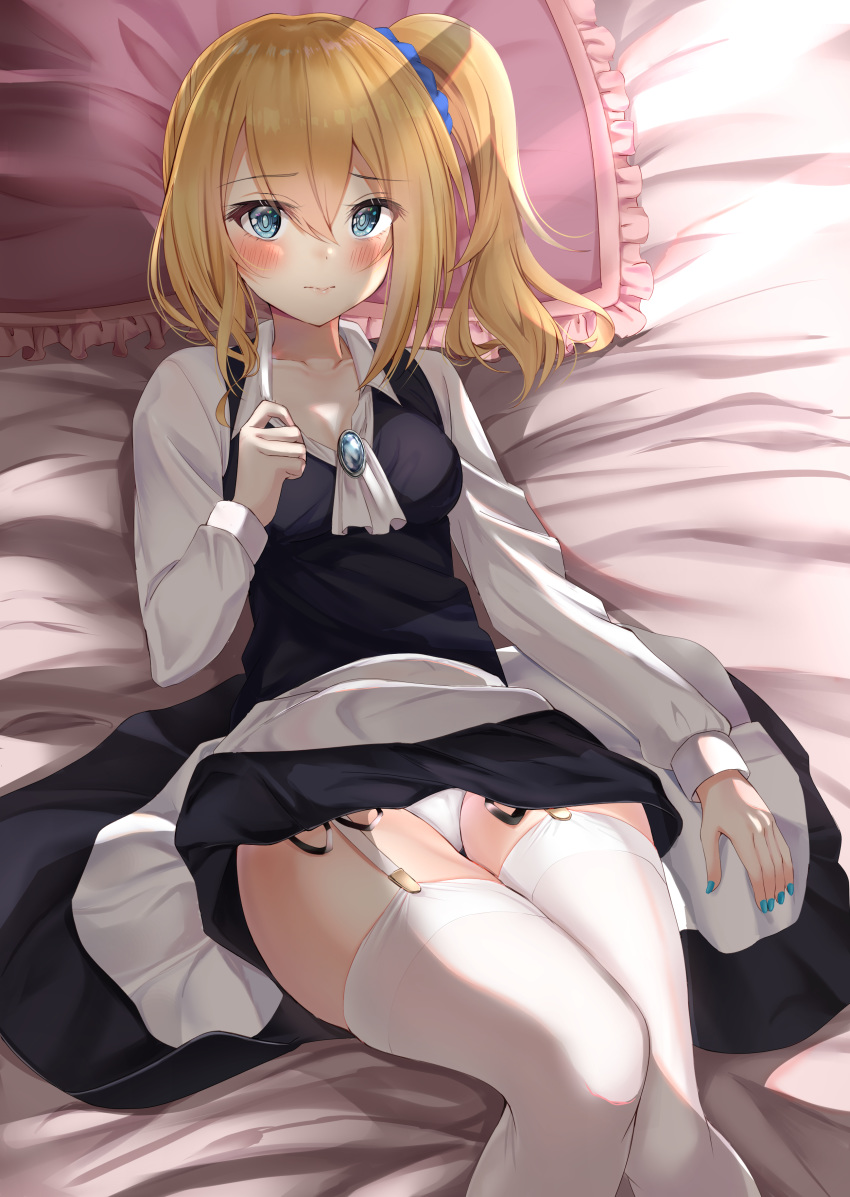 1girl absurdres bangs bed_sheet black_dress blonde_hair blue_eyes blue_nails blue_scrunchie blush brooch closed_mouth collared_dress dress dress_lift eyebrows_visible_through_hair frilled_pillow frills garter_straps hair_ornament hair_scrunchie hayasaka_ai highres jewelry kaguya-sama_wa_kokurasetai_~tensai-tachi_no_renai_zunousen~ light_frown looking_at_viewer lying medium_hair nail_polish on_back on_bed panties pillow scrunchie short_dress side_ponytail solo thigh-highs toratora_(nanahaba) underwear white_legwear white_panties