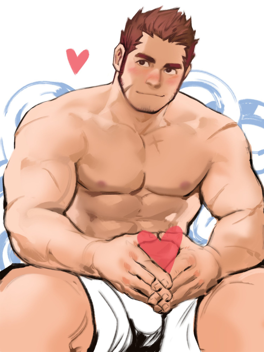1boy abs bara beard blush body_hair brown_hair bulge chest facial_hair gunzo_(tokyo_houkago_summoners) highres jang_ju_hyeon looking_at_viewer male_focus manly muscle nipples pectorals shirtless shorts simple_background sportswear thick_eyebrows thick_thighs thighs tokyo_houkago_summoners upper_body