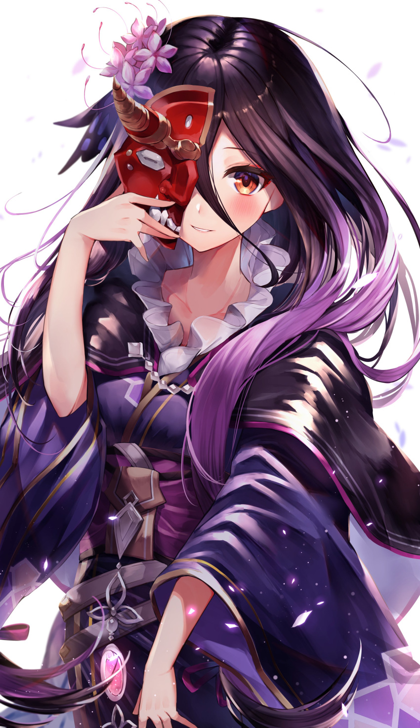 1girl 40_(0f0urw) absurdres brown_eyes collarbone covering_one_eye eyeshadow flower gradient_hair granblue_fantasy hair_flower hair_ornament highres japanese_clothes kimono long_hair makeup multicolored_hair obi oni_mask petals purple_hair purple_kimono red_eyeshadow rosamia_(granblue_fantasy) sash simple_background smile solo very_long_hair white_background