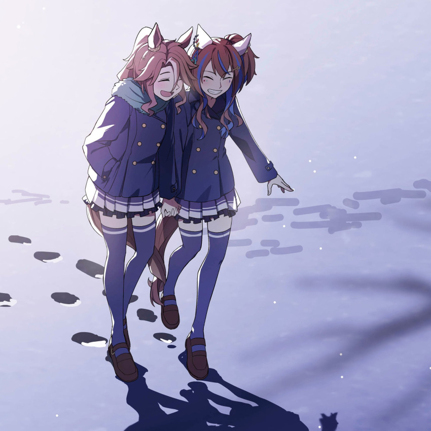 2girls animal_ears blue_coat blue_hair blue_thighhighs brown_footwear brown_hair buttons closed_eyes coat daitaku_helios_(umamusume) double-breasted ear_covers footprints fuyukayui grin hair_ornament hairclip hand_in_pocket highres holding_hands horse_ears horse_girl horse_tail interlocked_fingers long_sleeves mejiro_palmer_(umamusume) miniskirt multicolored_hair multiple_girls open_mouth outdoors parted_bangs pleated_skirt purple_skirt scarf shadow shoes side_ponytail skirt smile snow streaked_hair tail thigh-highs two-tone_hair umamusume walking