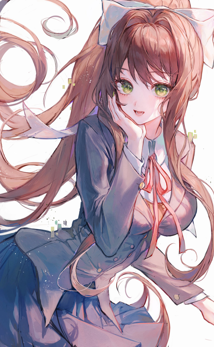 1girl :d absurdres bangs black_legwear blue_skirt bow breasts brown_hair buttons collared_shirt commentary cowboy_shot doki_doki_literature_club english_commentary eyebrows_visible_through_hair green_eyes green_nails hair_between_eyes hair_bow hand_on_own_cheek highres jacket large_breasts long_hair long_ponytail looking_at_viewer maccha_(mochancc) monika_(doki_doki_literature_club) nail_polish neck_ribbon open_mouth pleated_skirt ponytail red_neckwear red_ribbon ribbon school_uniform shirt sidelocks simple_background skirt smile solo very_long_hair white_background white_shirt