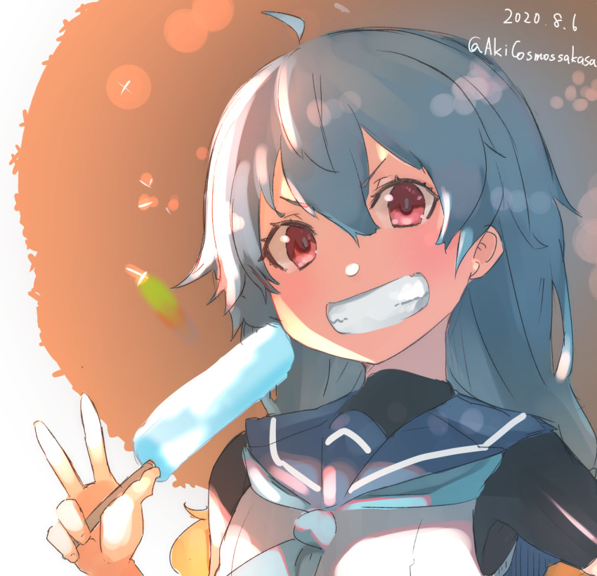 1girl akicosmossakasa blonde_hair blue_hair blue_neckwear blue_sailor_collar commentary_request dated food gloves gradient_hair grin hat highres kantai_collection long_hair looking_at_viewer multicolored_hair neckerchief popsicle red_eyes sado_(kantai_collection) sailor_collar shirt sleeveless sleeveless_shirt smile solo straw_hat sun_hat twitter_username undershirt upper_body white_gloves