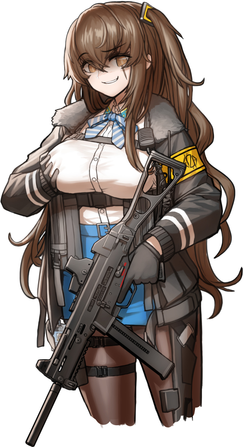 1girl alternate_breast_size alternate_costume breast_grab breasts brown_hair cheogtanbyeong cosplay girls_frontline gloves grabbing grin h&amp;k_ump45 highres jacket large_breasts long_hair orange_eyes pantyhose scar scar_across_eye shaded_face side_ponytail sidelocks skindentation smile solo thigh_strap ump45_(girls_frontline) very_long_hair vsk-94_(girls_frontline) vsk-94_(girls_frontline)_(cosplay)