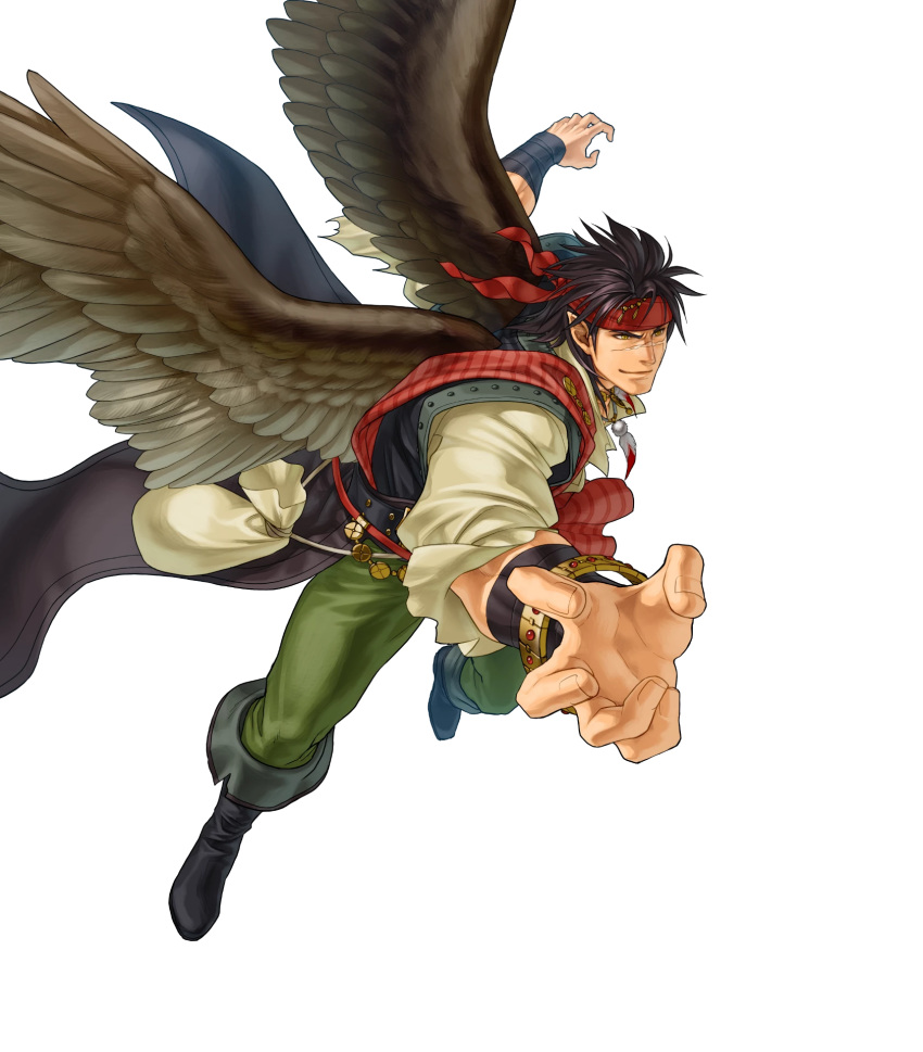 1boy alternate_costume bag bandages belt boots bracelet brown_hair dagger drink feathered_wings feathers fire_emblem fire_emblem:_radiant_dawn fire_emblem_heroes full_body headband highres jewelry kita_senri necklace official_art pointy_ears scar solo tibarn_(fire_emblem) transparent_background weapon wings yellow_eyes