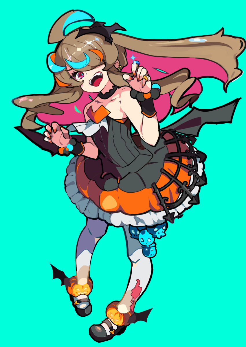 1girl absurdres ahoge animal_hair_ornament bare_shoulders black_dress blood blood_on_leg blue_background brown_hair claw_pose collarbone commentary_request dress ear_piercing fang hair_over_one_eye highres jack-o'-lantern jewelry kurumitsu long_hair mary_janes multicolored_hair open_mouth original piercing pink_eyes pumpkin red_nails ring shoes simple_background skull strapless strapless_dress tongue tongue_out twintails white_legwear wrist_cuffs