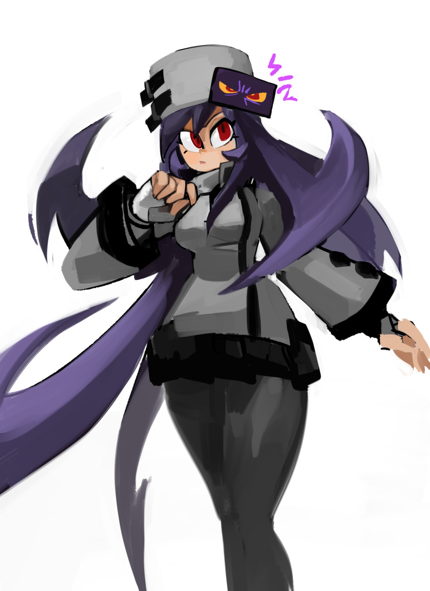 1girl 33dot black_skirt commentary_request cosplay filia_(skullgirls) fingerless_gloves fur_hat gloves grey_headwear grey_jacket grey_legwear guilty_gear guilty_gear_strive hat high_collar highres jacket living_hair long_hair millia_rage millia_rage_(cosplay) pantyhose power_connection prehensile_hair purple_hair red_eyes samson_(skullgirls) skirt skullgirls solo standing ushanka very_long_hair white_background white_gloves