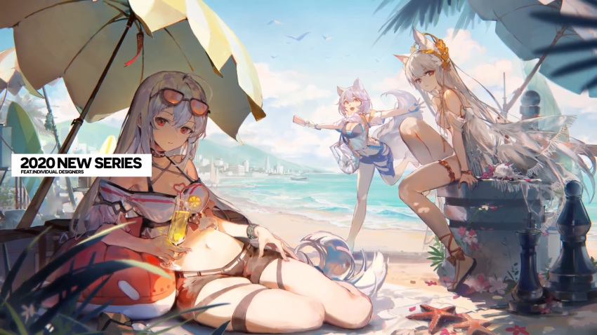 3girls :d alchemaniac alternate_costume animal_ear_fluff animal_ears arknights arm_support bangs bare_shoulders bikini black_shorts breasts brown_eyes eyebrows_visible_through_hair hair_between_eyes highres horse_ears large_breasts large_tail laurel_crown long_hair looking_at_viewer multiple_girls navel official_art open_mouth outstretched_arms parted_lips platinum_(arknights) provence_(arknights) purple_hair red_eyes sandals short_shorts shorts silver_hair skadi_(arknights) smile standing stomach swimsuit tail thigh_strap thighs very_long_hair white_hair wolf_ears wolf_tail yellow_eyes