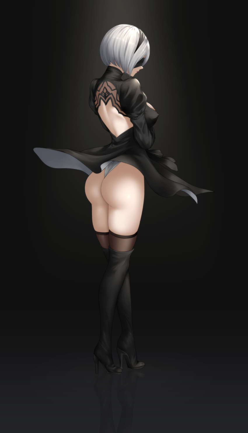 1girl absurdres ass back_cutout black_background black_blindfold black_dress black_hairband blindfold boots breasts covered_eyes dress feather-trimmed_sleeves from_behind gradient gradient_background hairband high_heel_boots high_heels highres juliet_sleeves leotard long_sleeves medium_breasts nier_(series) nier_automata nyatokanyaru puffy_sleeves reflective_floor silver_hair skindentation skirt skirt_lift thigh-highs thigh_boots thighhighs_under_boots vambraces white_leotard yorha_no._2_type_b