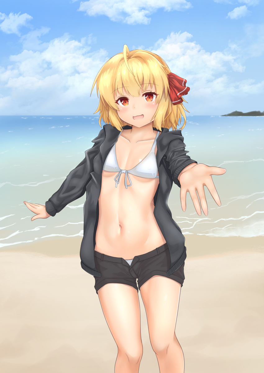 1girl absurdres ahoge bangs bikini black_shorts blonde_hair blush clouds commentary_request day eyebrows_visible_through_hair eyelashes hair_ribbon highres kaigara_(valibow) knees long_sleeves medium_hair navel open_mouth outdoors outstretched_arm red_eyes red_ribbon ribbon rumia sand shore shorts sky solo swimsuit touhou water white_bikini