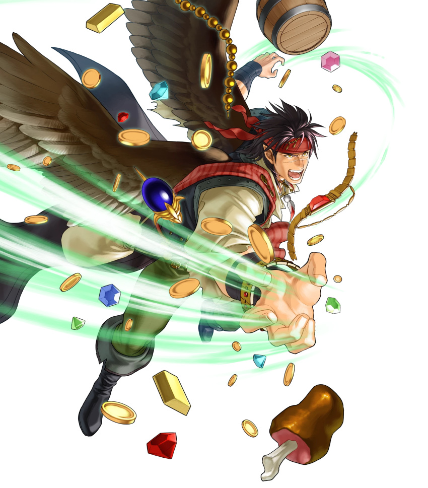 1boy alternate_costume bag bandages barrel belt boots bracelet brown_hair coin dagger drink feathered_wings feathers fire_emblem fire_emblem:_radiant_dawn fire_emblem_heroes food full_body gem headband highres jewelry kita_senri meat necklace official_art open_mouth pointy_ears scar solo teeth tibarn_(fire_emblem) transparent_background weapon wings yellow_eyes