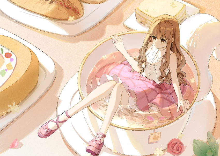 1girl bangs bow brown_eyes brown_hair chunzisame cup eyebrows_visible_through_hair fate/extra fate_(series) flower food in_container in_cup kishinami_hakuno_(female) long_hair minigirl pink_footwear pink_skirt rose sandwich shirt sitting skirt solo teacup white_legwear white_shirt