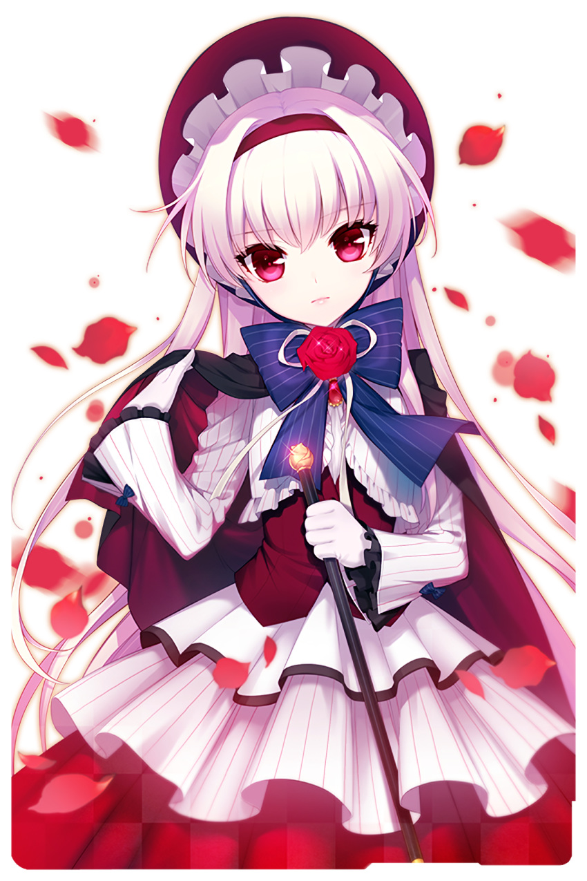 1girl black_cape cape dress dress_shirt eve_(soccer_spirits) flower gloves hat highres holding holding_staff long_hair looking_at_viewer official_art petals pink_hair purple_ribbon red_eyes red_flower red_rose resized ribbon rose rose_petals shirahane_nao shirt soccer_spirits staff striped striped_dress striped_ribbon upscaled white_dress white_gloves