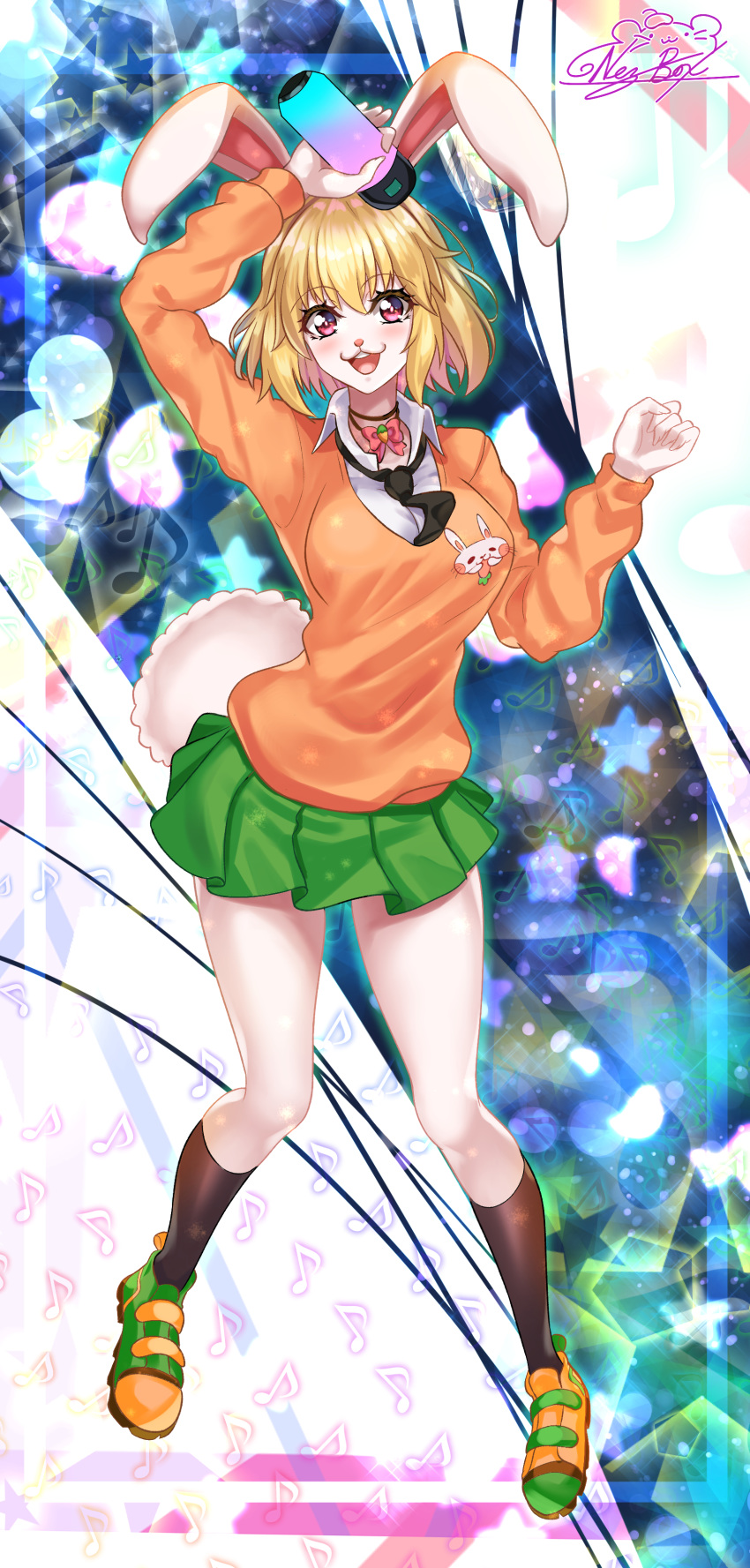 1girl :d absurdres animal_ears animal_nose arm_up artist_name black_legwear black_neckwear blonde_hair breasts bunny_tail cardigan carrot_(one_piece) collar collared_shirt eyebrows_visible_through_hair furry green_footwear green_skirt hair_between_eyes highres kneehighs large_breasts looking_at_viewer necktie nez-box one_piece open_mouth orange_cardigan pleated_skirt rabbit_ears rabbit_girl red_eyes school_uniform shirt shoes short_hair signature skirt smile sneakers solo tail white_fur