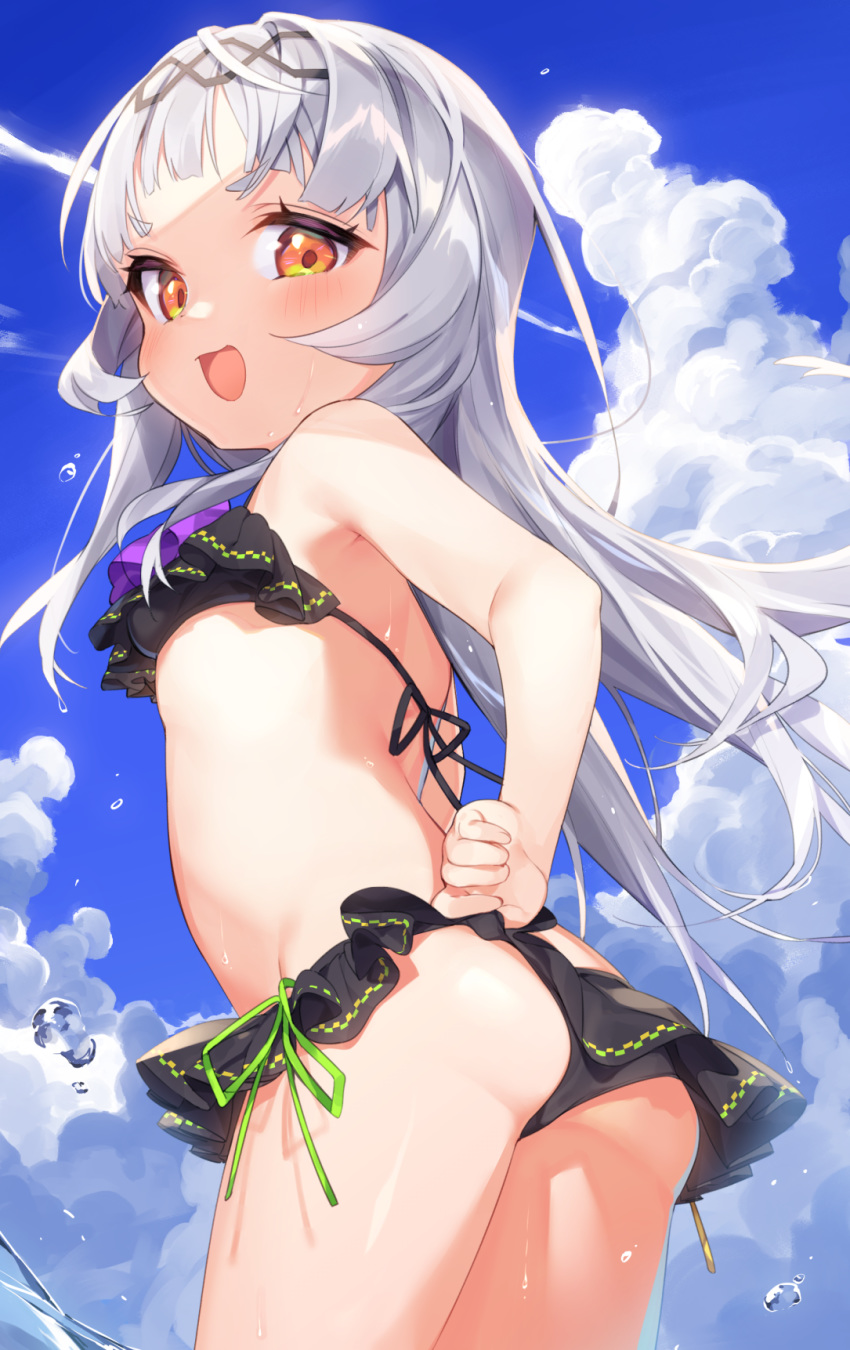 1girl alternate_costume ass bangs bare_arms bare_shoulders bikini bikini_skirt blue_sky blush breasts clouds commentary_request day eyebrows_visible_through_hair frilled_bikini frills headband highres hololive long_hair looking_at_viewer looking_back murasaki_shion open_mouth outdoors side-tie_bikini silver_hair sky smile solo standing swimsuit tousaki_shiina virtual_youtuber wading water water_drop wet yellow_eyes