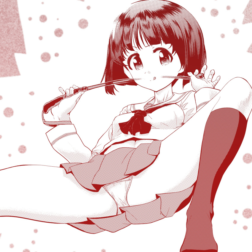 1girl :q bangs blouse blunt_bangs blunt_ends bob_cut closed_mouth commentary crotch_seam girls_und_panzer highres holding licking_lips long_sleeves looking_at_viewer midriff_peek miniskirt monochrome neckerchief no_shoes ooarai_school_uniform panties pantyshot pleated_skirt red_theme riding_crop school_uniform serafuku short_hair skirt smile socks solo sono_midoriko spread_legs tongue tongue_out underwear yoyokkun