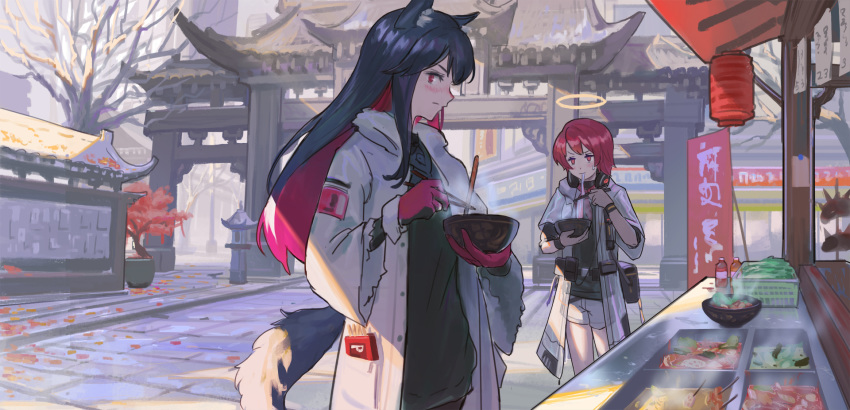 2girls animal_ears arknights bangs bare_tree black_hair black_shirt bowl chopsticks commentary_request cowboy_shot exusiai_(arknights) gloves halo highres holding holding_bowl holding_chopsticks jacket long_hair long_sleeves looking_at_viewer multicolored_hair multiple_girls open_clothes open_jacket outdoors pouch red_eyes red_gloves redhead shirt short_hair shorts standing tail texas_(arknights) tree white_jacket white_shorts wide_sleeves wolf_ears wolf_tail youyi_(jiam009)