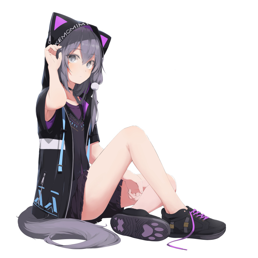 1girl absurdres animal_ears bangs bare_legs black_footwear choker eyebrows eyebrows_visible_through_hair fake_animal_ears grey_eyes grey_hair hair_between_eyes hair_ornament highres looking_at_viewer mikisai original parted_lips sitting solo tail