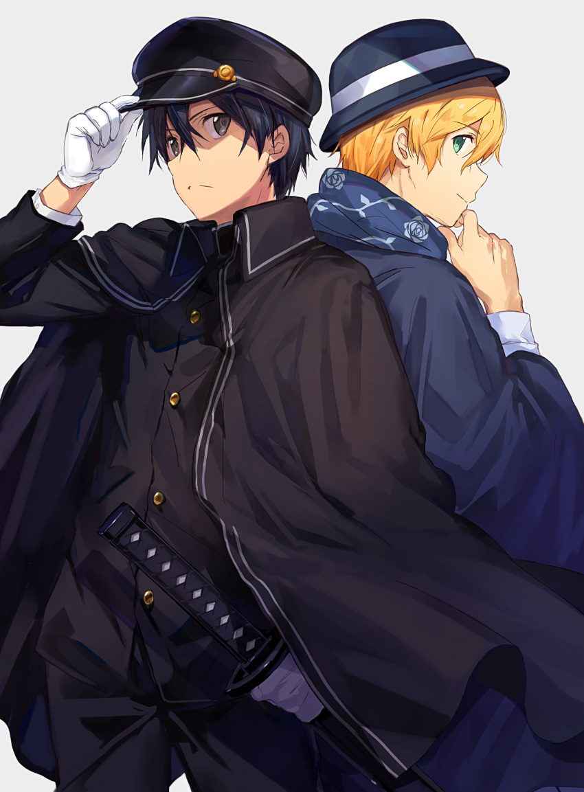 2boys adjusting_clothes alternate_costume back-to-back bangs black_hair black_headwear black_pants blonde_hair blue_scarf commentary_request eugeo floral_print gloves green_eyes grey_background hair_between_eyes hand_on_headwear hat highres holding holding_sword holding_weapon katana kirito long_sleeves looking_at_viewer looking_to_the_side male_focus multiple_boys ogura_ari pants peaked_cap scarf sheath sword sword_art_online sword_art_online:_alicization weapon white_gloves