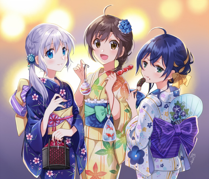 3girls :d :q ahoge animal back_bow bag bagged_fish blue_eyes blue_flower blue_hair blue_kimono bow braid brown_eyes brown_hair brown_kimono checkered chocolate_banana closed_mouth commentary_request copyright_request fan fish floral_print flower food food_on_face fruit goldfish green_bow green_eyes hair_bow hair_flower hair_ornament highres holding holding_food japanese_clothes kimono long_hair multiple_girls nekozuki_yuki novel_illustration obi official_art open_mouth paper_fan print_kimono purple_bow sash silver_hair smile strawberry striped striped_bow tongue tongue_out uchiwa water white_kimono yellow_bow yukata