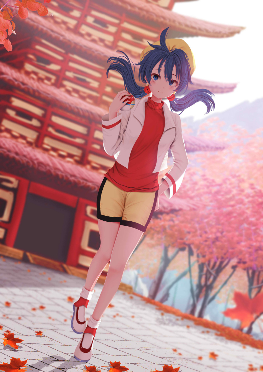 1girl absurdres autumn_leaves bike_shorts blue_eyes blue_hair blurry blurry_background blush breasts cherry_blossoms closed_mouth commentary commission cropped_jacket crystal_(pokemon) day dutch_angle earrings ecruteak_city english_commentary floating_hair full_body hair_between_eyes hand_on_hip hat highres holding holding_poke_ball jacket jewelry kirimatsu leaf light_smile looking_at_viewer outdoors pagoda poke_ball poke_ball_(basic) pokemon pokemon_special red_sweater shadow shoes shorts solo standing standing_on_one_leg star_(symbol) star_earrings sweater tree turtleneck turtleneck_sweater twintails white_footwear white_jacket yellow_headwear yellow_shorts