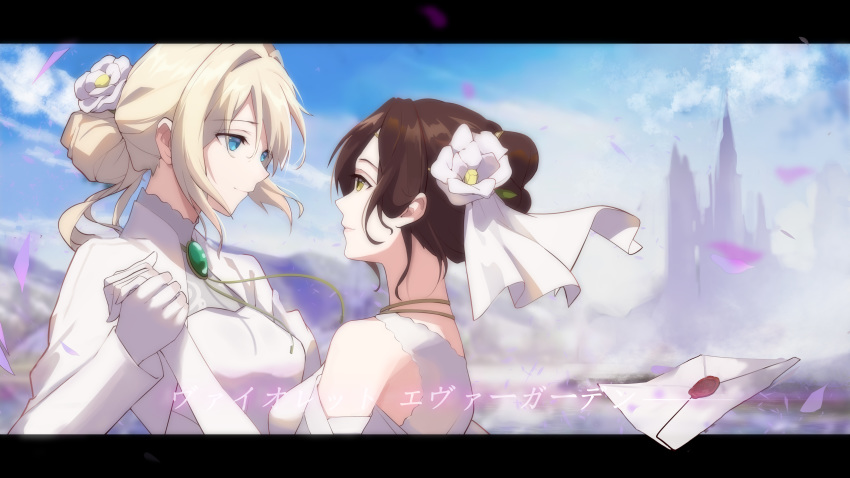 2girls absurdres amy_bartlett blonde_hair blue_eyes brown_hair changpan_hutao elbow_gloves eye_contact flower gloves hair_flower hair_ornament highres holding_hands jacket letter letterboxed looking_at_another multiple_girls smile upper_body violet_evergarden violet_evergarden_(character) white_gloves white_jacket yellow_eyes