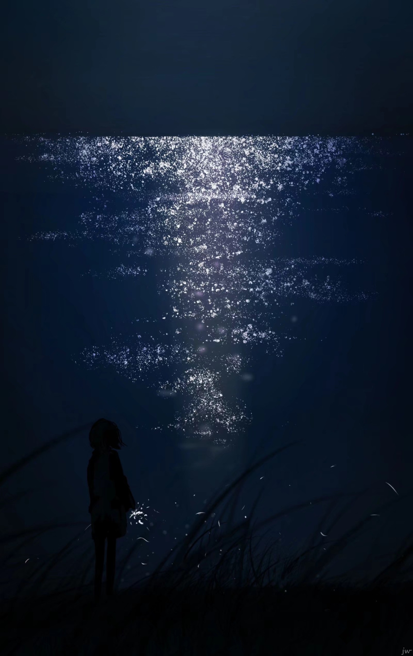 1girl absurdres blurry_foreground commentary dark fireworks from_behind grass highres horizon moonlight ocean original reflection scenery short_hair silhouette skyrick9413 solo sparkler wind