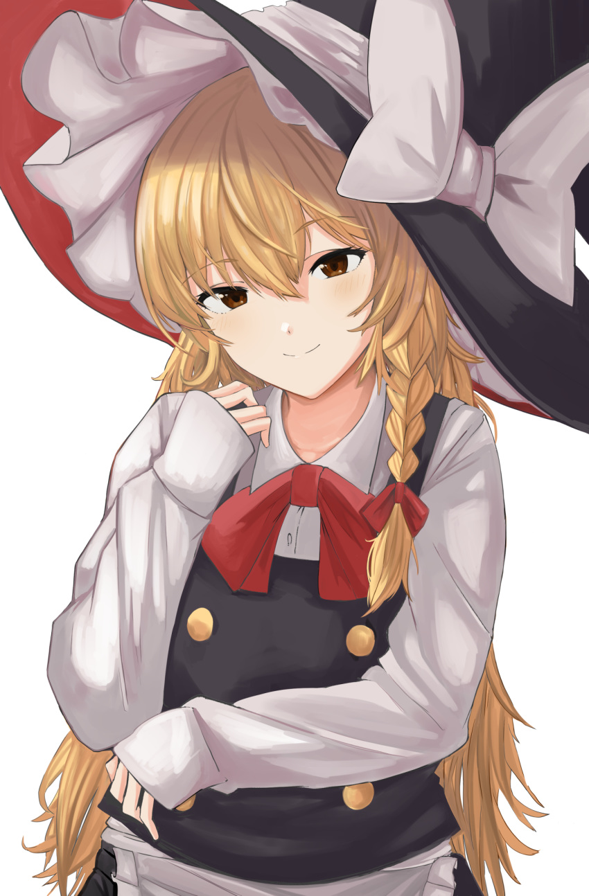 1girl alternate_eye_color apron bangs black_headwear black_vest blonde_hair bow bowtie braid brown_eyes buttons closed_mouth collared_shirt commentary eyebrows_visible_through_hair frilled_apron frills hair_between_eyes hair_bow hair_ribbon half-closed_eyes hand_up hat hat_bow highres kirisame_marisa koujouchou large_hat light_blush long_hair long_sleeves looking_at_viewer neck_ribbon red_bow red_neckwear red_ribbon ribbon shirt side_braid sidelocks simple_background sleeves_past_wrists smile solo tilted_headwear touhou upper_body very_long_hair vest waist_apron white_background white_bow white_shirt wing_collar witch_hat