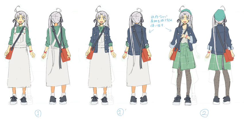 1girl ahoge akitsushima_(kantai_collection) bag beret black_footwear black_legwear commentary_request denim denim_jacket green_eyes green_headwear green_skirt green_sweater grey_hair hair_ornament hat kantai_collection kusakabe_(kusakabeworks) long_hair looking_at_viewer looking_away multiple_views overall_skirt overalls pantyhose shoes side_ponytail simple_background skirt sneakers standing sweater white_background