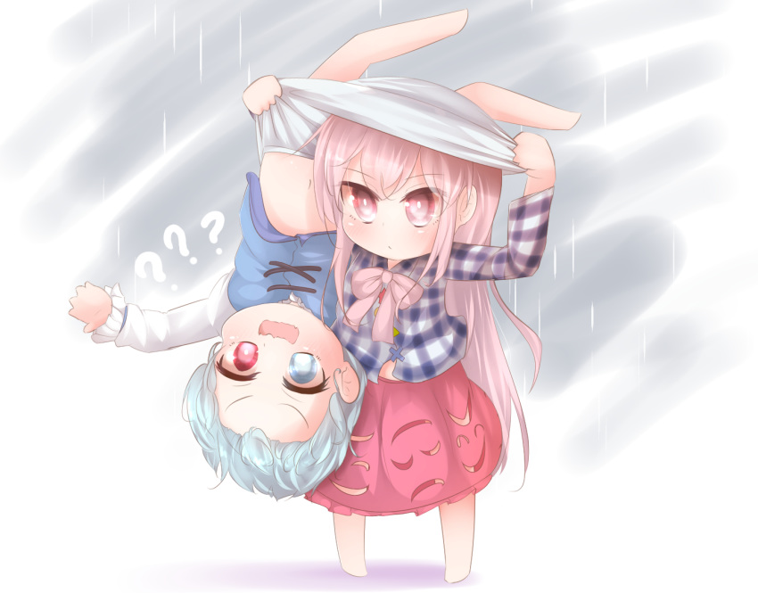 bikuseno bloomers blue_hair blue_vest chibi commentary_request expressionless hannya hata_no_kokoro heterochromia juliet_sleeves long_sleeves no_socks pink_eyes pink_hair plaid plaid_shirt puffy_sleeves rain shirt skirt tatara_kogasa touhou umbrella underwear vest youkai