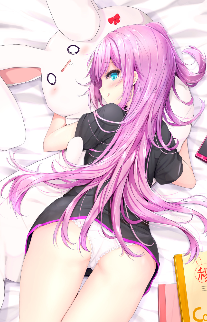 1girl :q ass bed_sheet black_shirt blue_eyes blush cellphone closed_mouth commentary_request highres kouda_suzu long_hair looking_at_viewer looking_back lying no_pants on_stomach one_side_up original panties phone pink_hair profile shirt short_sleeves smile solo stuffed_animal stuffed_bunny stuffed_toy t-shirt tongue tongue_out underwear very_long_hair white_panties