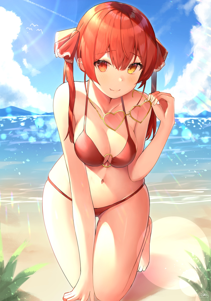 1girl absurdres all_fours bangs bare_shoulders beach bikini blue_sky blush breasts closed_mouth clouds commentary day eyebrows_visible_through_hair fang hair_ribbon halterneck heart heart-shaped_eyewear heterochromia highres holding holding_eyewear hololive houshou_marine huge_filesize long_hair looking_at_viewer medium_breasts navel ocean outdoors red_bikini red_eyes red_ribbon redhead ribbon sand shiina_aoi side-tie_bikini skin_fang sky smile solo sun sunglasses swimsuit thighs twintails virtual_youtuber water yellow_eyes