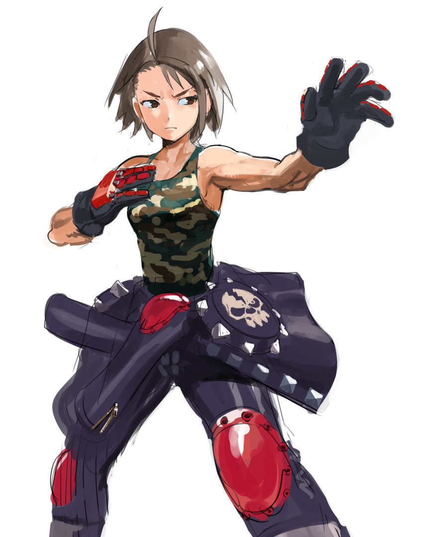 &gt;:( 1girl absurdres ahoge armpits black_gloves black_pants brown_eyes brown_hair camouflage camouflage_shirt camouflage_tank_top clothes_around_waist collarbone commentary feet_out_of_frame fighting_stance gloves highres jacket jacket_around_waist kazama_akira knee_pads legs_apart looking_away looking_to_the_side outstretched_arm pants reaching_out rival_schools shin_guards short_hair shoulder_pads simple_background skull_print sleeveless solo standing studded_jacket tank_top toned unknownid v-shaped_eyebrows white_background zipper zipper_pull_tab