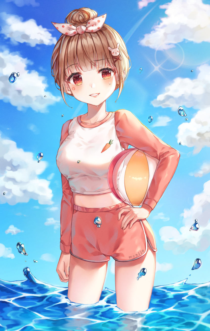 1girl absurdres anger_vein artist_name ball bangs beachball blue_sky blunt_bangs blush bow breasts brown_eyes brown_hair bunny_hair_ornament clouds commentary_request day eyebrows_visible_through_hair hair_bow hair_bun hair_ornament highres holding holding_ball large_breasts long_sleeves looking_at_viewer midriff monjja original outdoors parted_lips pink_shorts pink_sleeves polka_dot polka_dot_bow raglan_sleeves shirt short_hair shorts sky smile solo standing summer wading water water_drop white_shirt x_hair_ornament