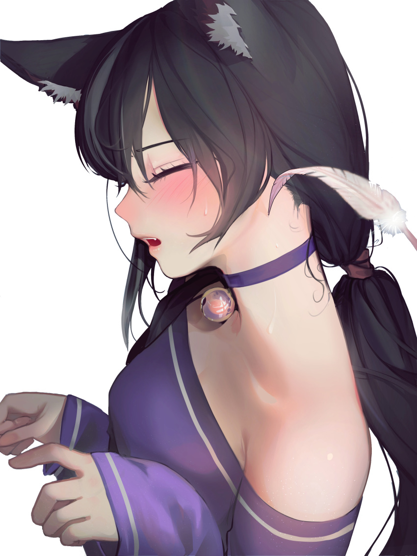 1girl absurdres animal_ear_fluff animal_ears bangs bare_shoulders bell bell_choker black_hair blush breasts cat_ears choker closed_eyes collarbone dress fang feathers guunhanchi hair_tie hand_up highres jingle_bell karyl_(princess_connect!) long_hair long_sleeves low_twintails multicolored_hair off-shoulder_dress off_shoulder open_mouth pov princess_connect! princess_connect!_re:dive small_breasts solo_focus streaked_hair sweatdrop tickling twintails very_long_hair white_hair