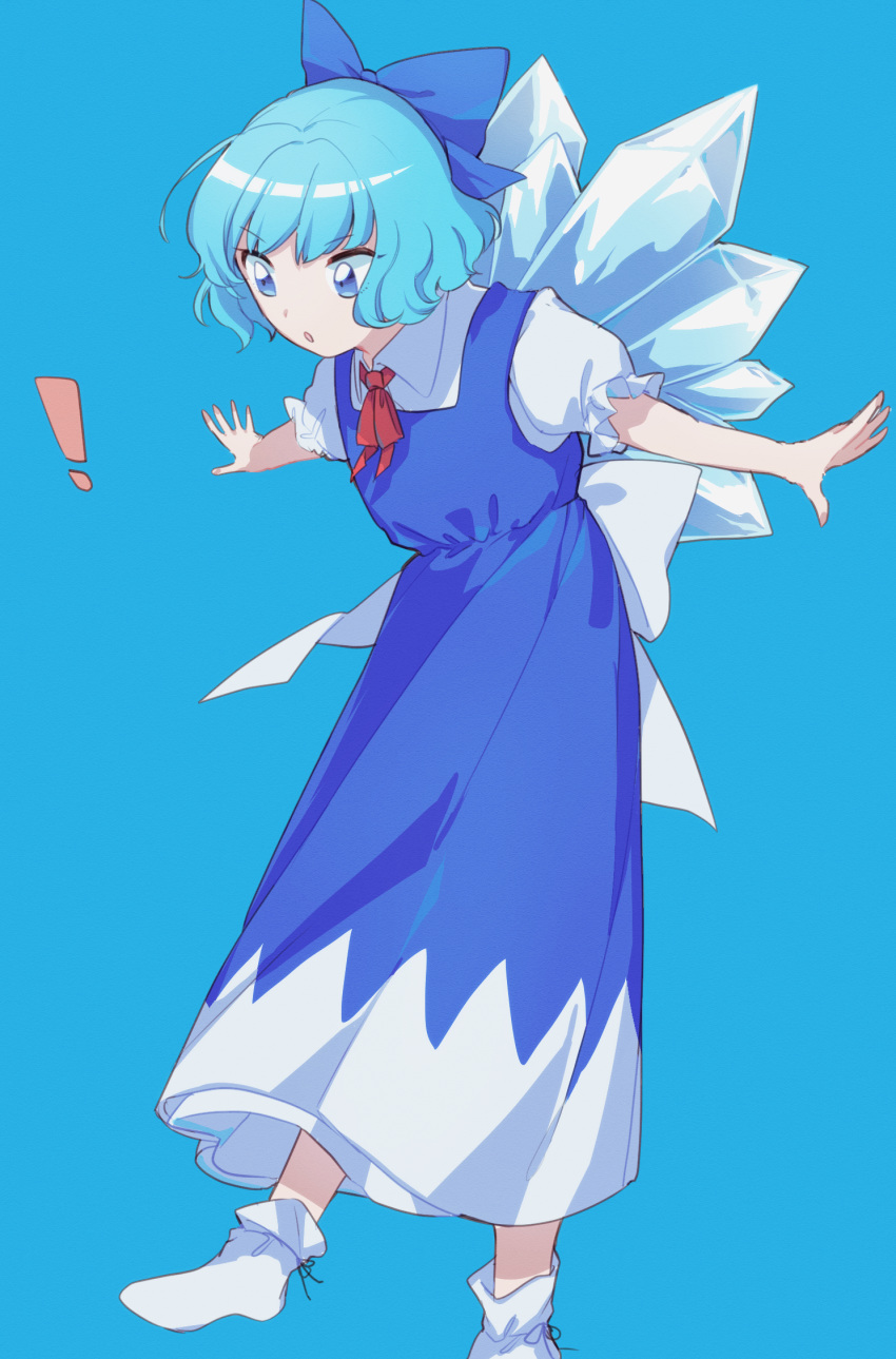 ! 1girl :o adapted_costume ahoge bangs blue_background blue_bow blue_dress blue_eyes blue_hair bow cirno collared_shirt commentary dress dress_shirt frilled_sleeves frills full_body hair_bow highres ice ice_wings koito_(bowstringsmall) leaning_forward leg_up long_dress looking_down neck_ribbon open_mouth outstretched_arms outstretched_hand petticoat pinafore_dress puffy_short_sleeves puffy_sleeves red_neckwear red_ribbon ribbon sash shiny shiny_hair shirt short_hair short_sleeves simple_background socks solo spread_arms standing standing_on_one_leg touhou two-tone_dress undershirt white_bow white_dress white_legwear white_sash white_shirt wing_collar wings