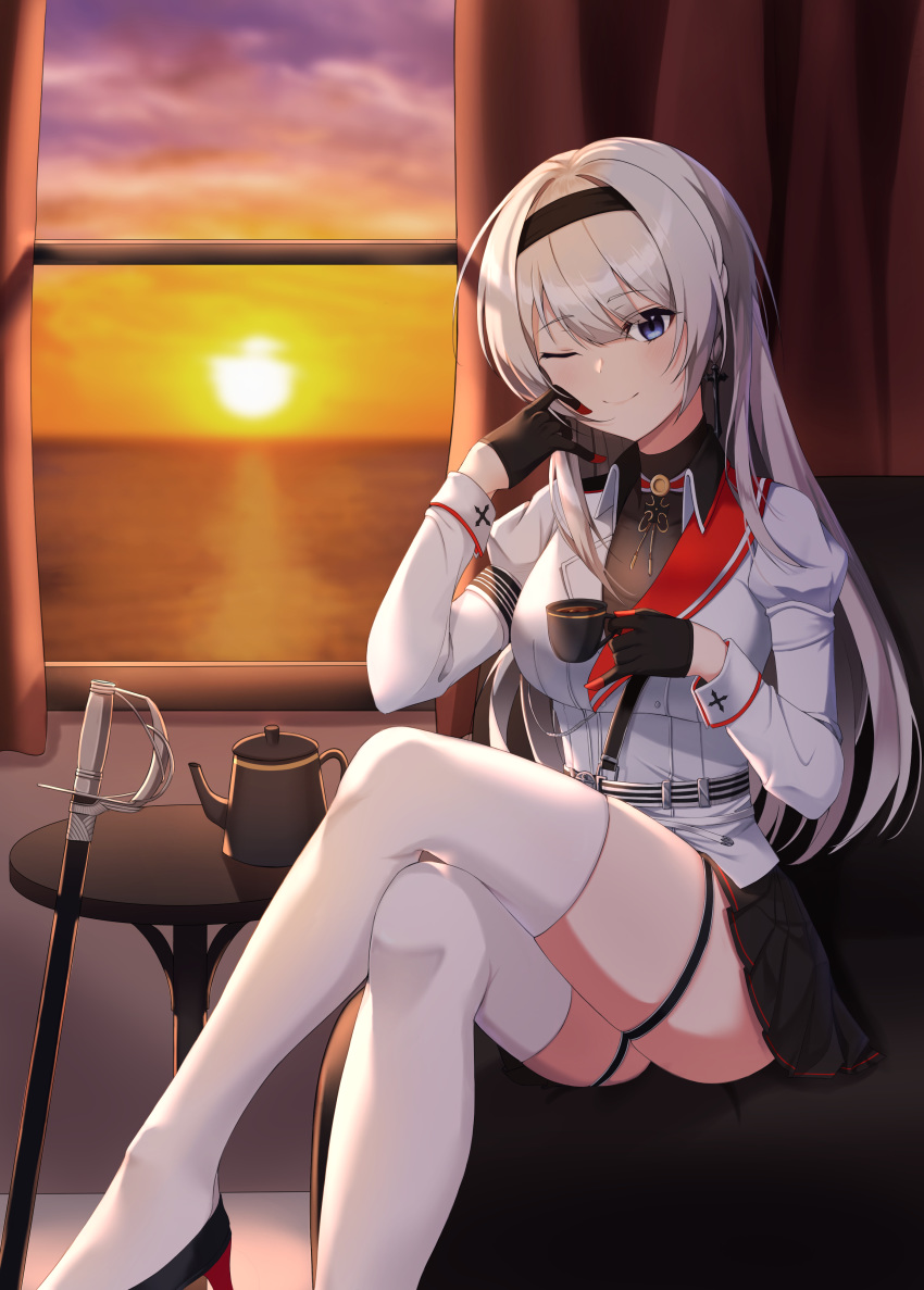 absurdres armband azur_lane belt black_skirt blue_eyes braid breasts collared_shirt couch crossed_legs cup curtains eyebrows_visible_through_hair garter_straps gloves half_gloves hand_on_own_cheek headband high_heels highres holding holding_cup jacket large_breasts long_hair mainz_(azur_lane) one_eye_closed pinky_out pleated_skirt saber_(weapon) shirt side_braid sidelocks silver_hair sitting skirt skirt_lift sunset sword table teacup teapot thigh-highs uniform weapon white_jacket white_legwear window yuzb