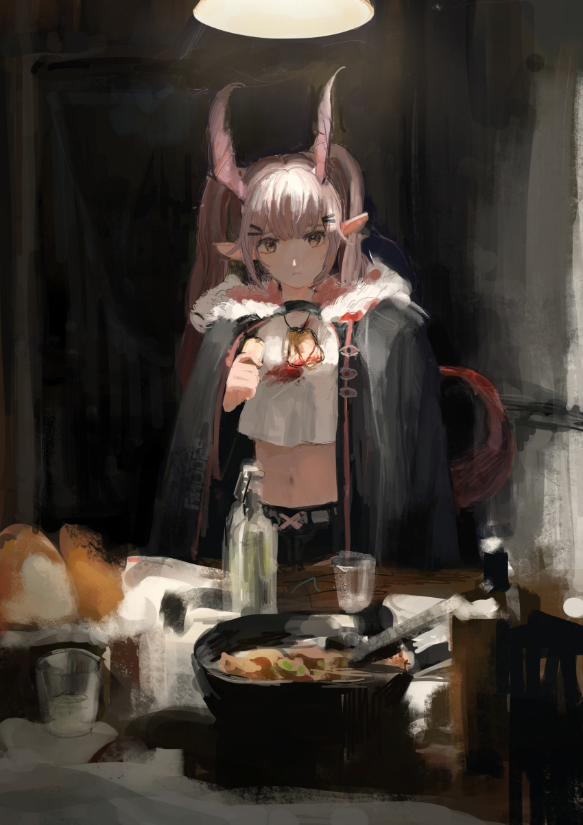 1girl absurdres arknights as4kla black_cloak black_shorts breasts cloak closed_mouth crop_top cup dog_tags food hair_ornament hairclip head_wings highres holding holding_cup indoors long_hair manticore_(arknights) midriff navel pink_eyes pink_hair pointy_ears shorts solo table tail twintails wings