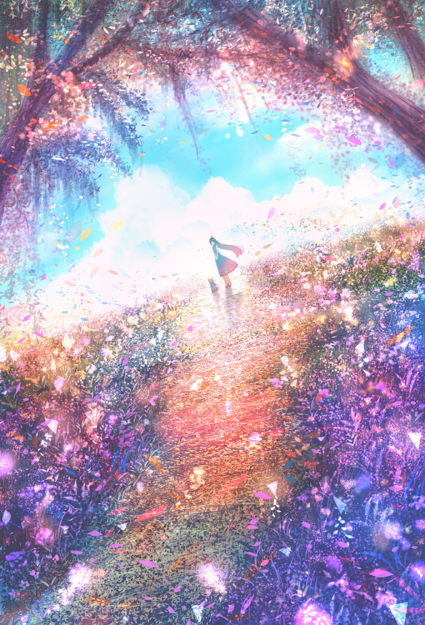 1girl ahoge black_hair cat clouds colorful commentary dress dutch_angle field flower highres long_hair looking_at_viewer original outdoors path petals sakimori_(hououbds) scenery sky sleeveless sleeveless_dress solo tree v_arms wind